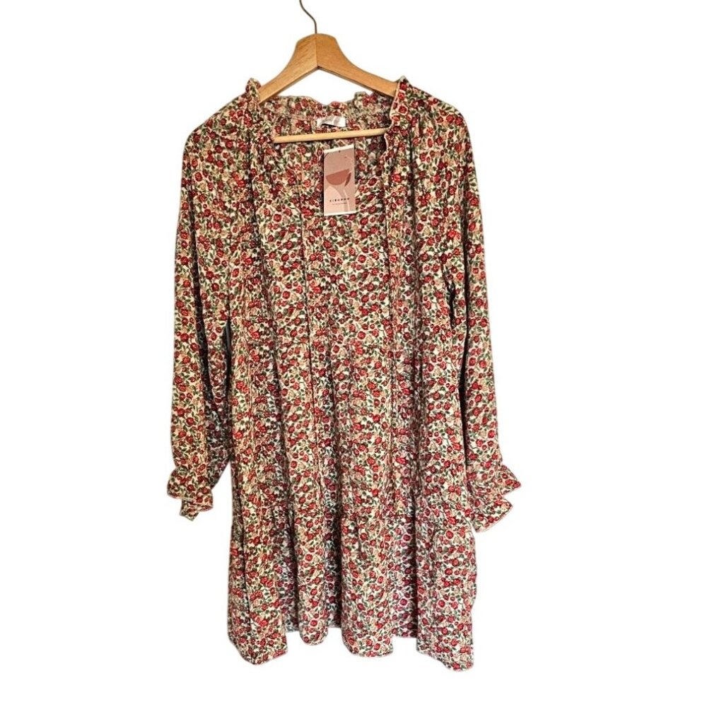 Kirundo‎ Dress Size Medium red Floral shift knee length long sleeve ruffle hem